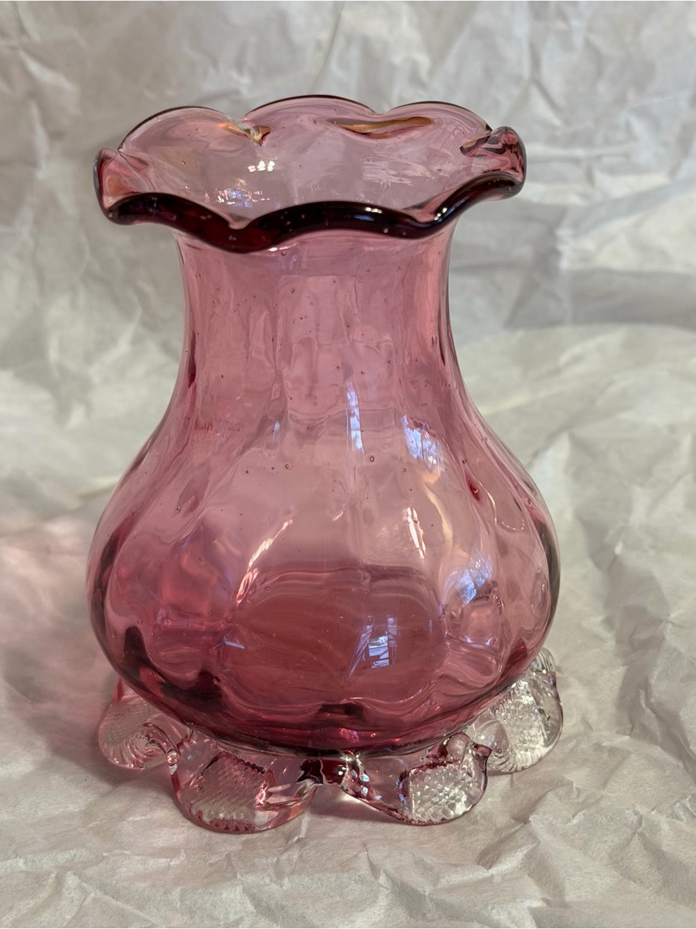 Vintage cranberry glass vase ruffle edge with ruffle stamped footed bottom